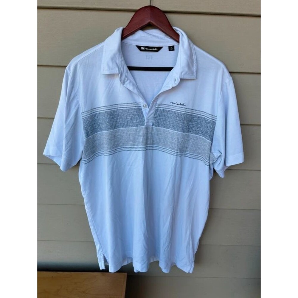 TravisMathew Men’s Size XL White Grey Heathered Striped Short Sleeve Golf Polo